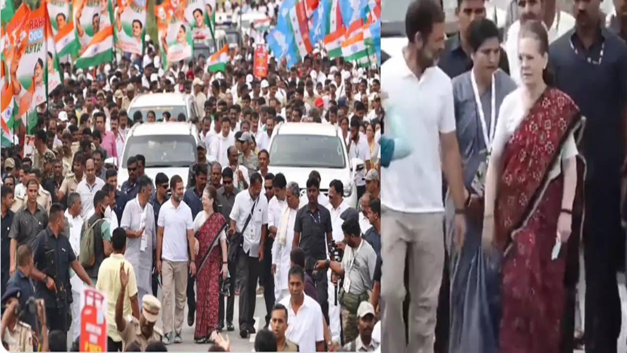 Sonia Gandhi attended the party's Bharat Jodi Yatra in Mandya, Karnataka today, Rahul welcomed the mother with a hand on her shoulder.