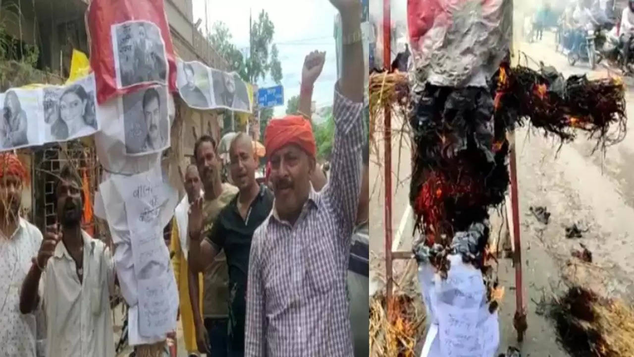 Varanasi: People burn effigy of Bollywood stars Saif Ali Khan before Ravana Dahan on Vijayadashami